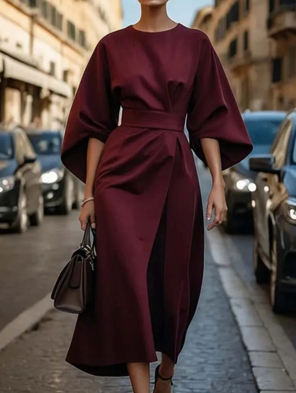 Women's Elegant Solid Color Wrap Knot Midi Dress Batwing Sleeve Polyester Wedding Guest Formal Party Dress