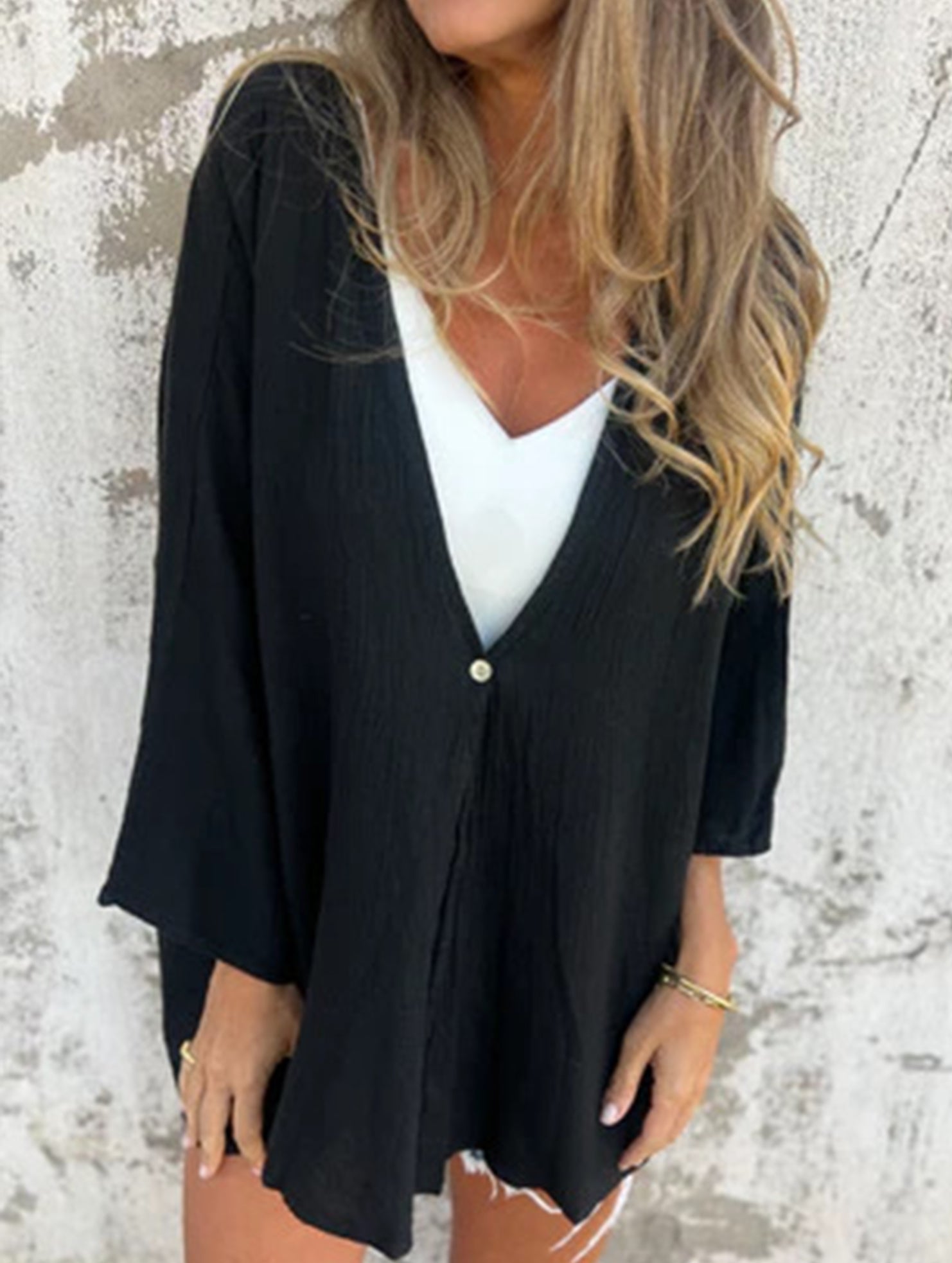 Women's Loose V-Neck Cardigan Mid-Length Sleeve Open Front Lightweight Casual Everyday Sweater – Multicolor