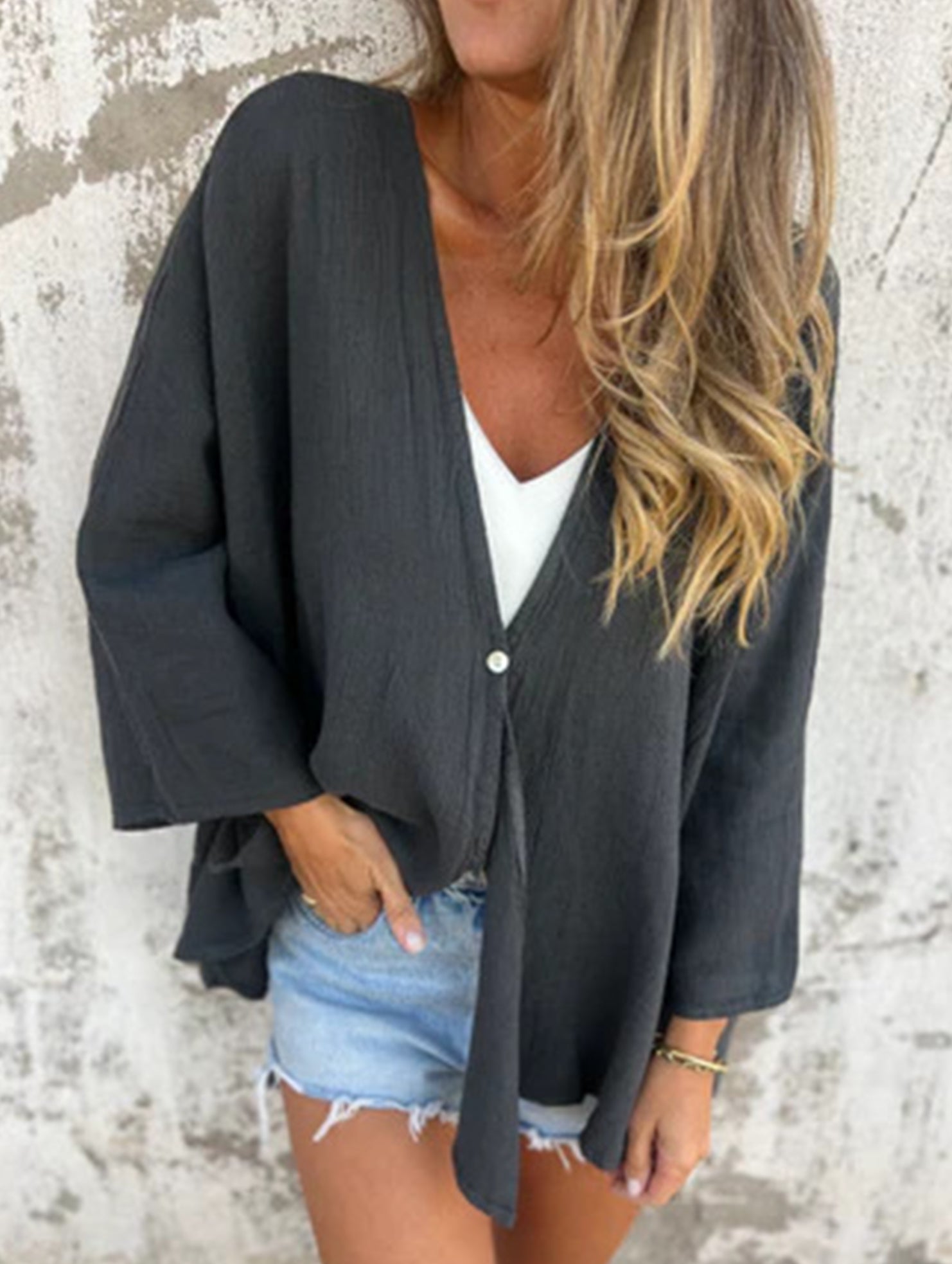 Women's Loose V-Neck Cardigan Mid-Length Sleeve Open Front Lightweight Casual Everyday Sweater – Multicolor