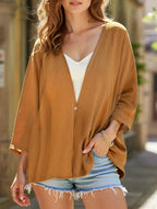 Women's Loose V-Neck Cardigan Mid-Length Sleeve Open Front Lightweight Casual Everyday Sweater – Multicolor