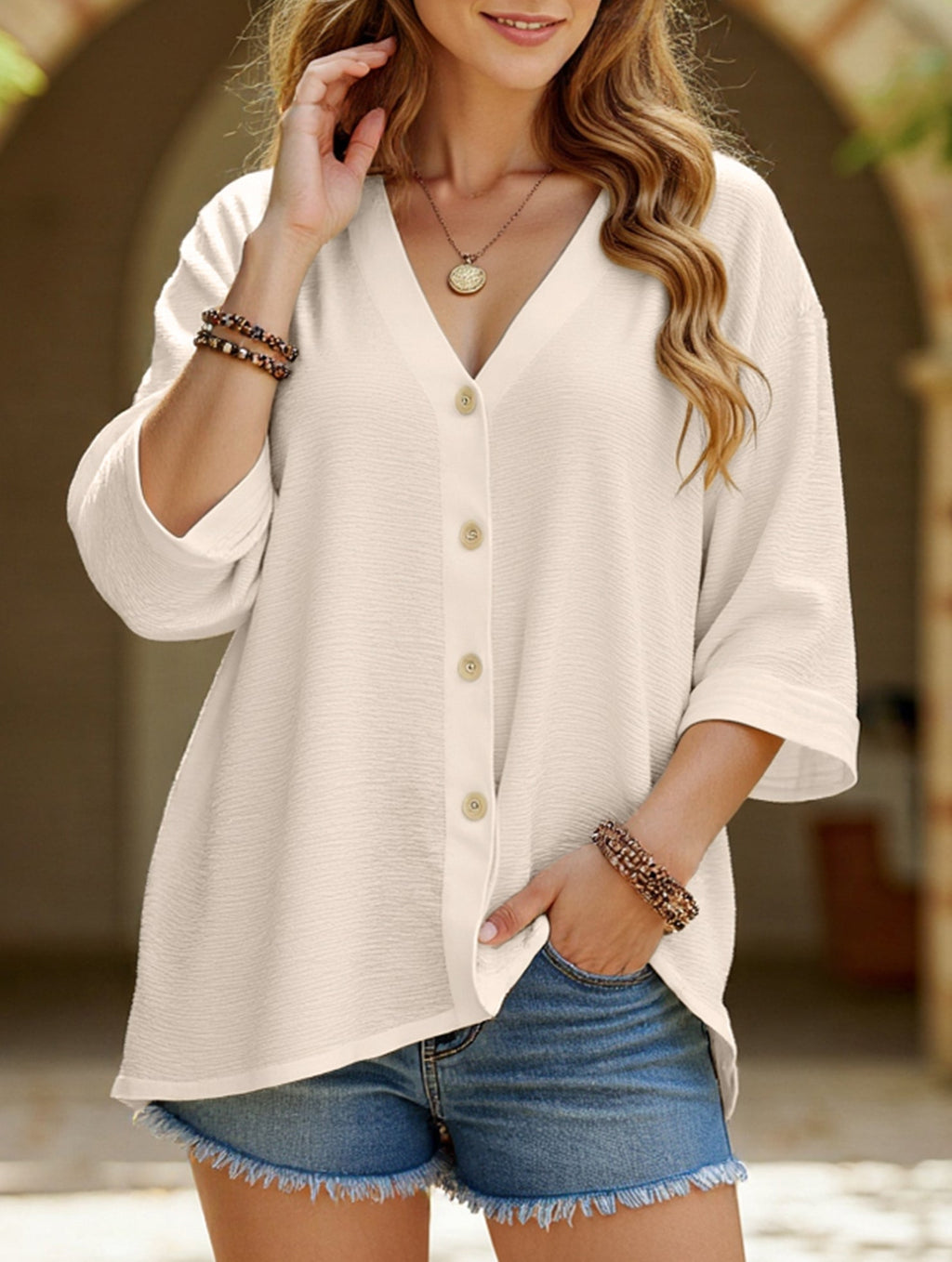 Women's Plus Size V-Neck Button Cardigan Top Sleeve Loose Casual Everyday Blouse – Multicolor