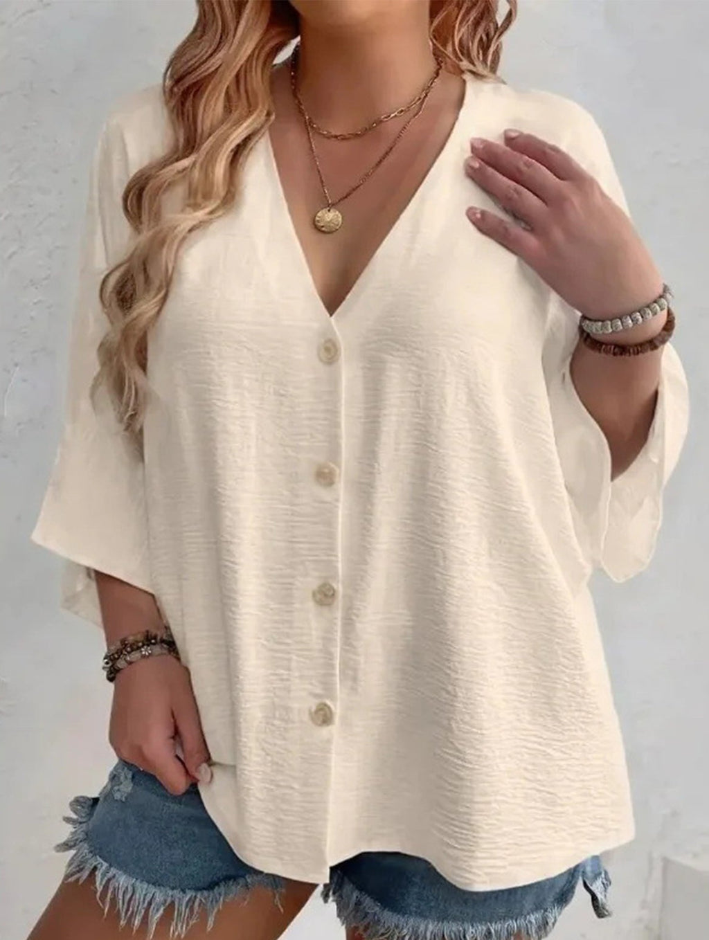Women's Plus Size V-Neck Button Cardigan Top Sleeve Loose Casual Everyday Blouse – Multicolor