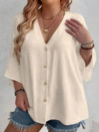 Women's Plus Size V-Neck Button Cardigan Top Sleeve Loose Casual Everyday Blouse – Multicolor
