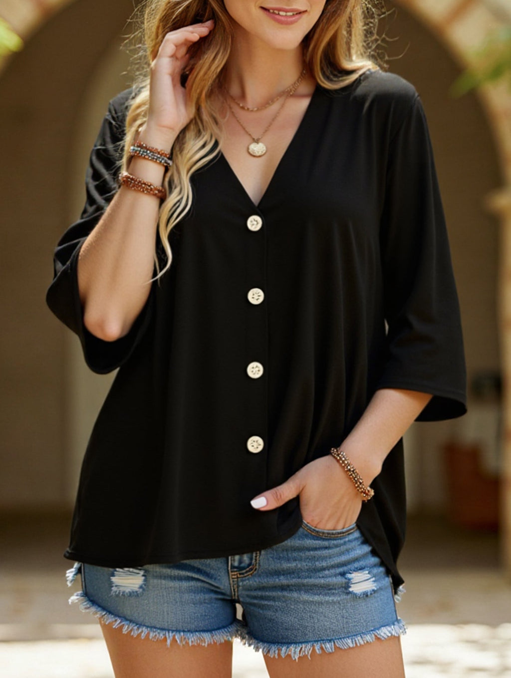 Women's Plus Size V-Neck Button Cardigan Top Sleeve Loose Casual Everyday Blouse – Multicolor