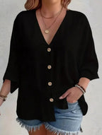 Women's Plus Size V-Neck Button Cardigan Top Sleeve Loose Casual Everyday Blouse – Multicolor