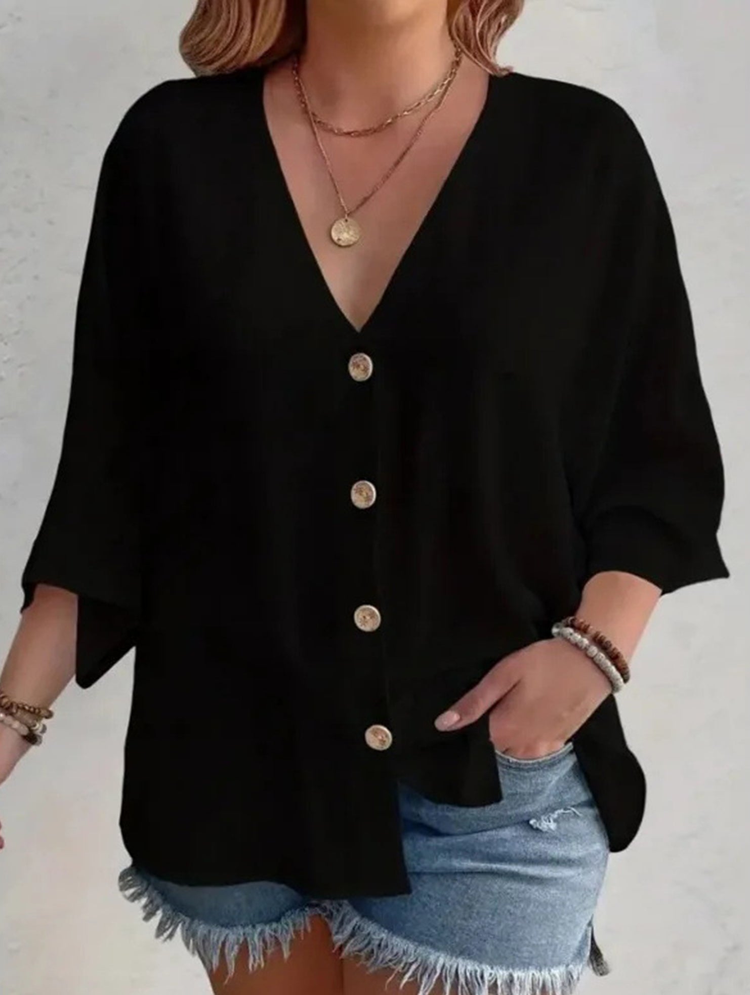 Women's Plus Size V-Neck Button Cardigan Top Sleeve Loose Casual Everyday Blouse – Multicolor