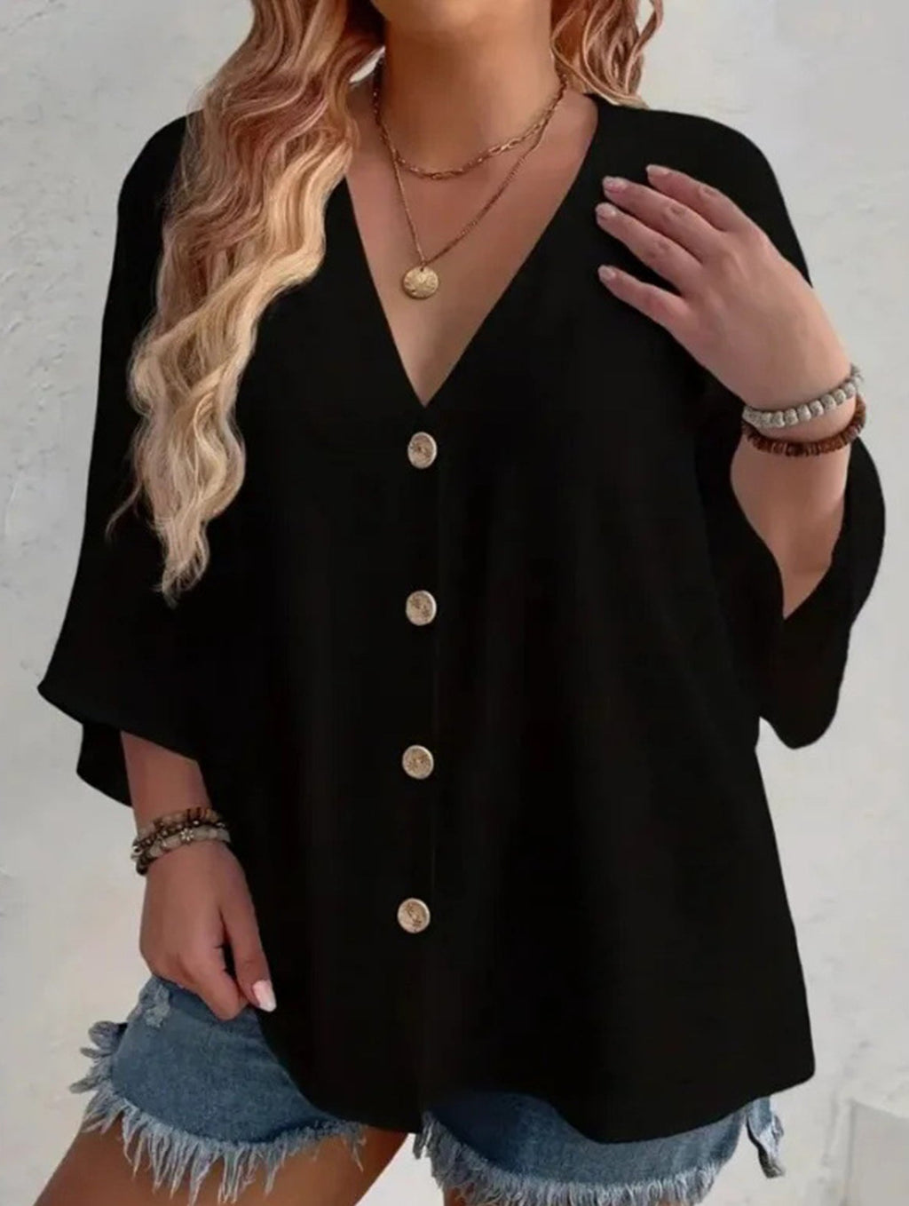 Women's Plus Size V-Neck Button Cardigan Top Sleeve Loose Casual Everyday Blouse – Multicolor