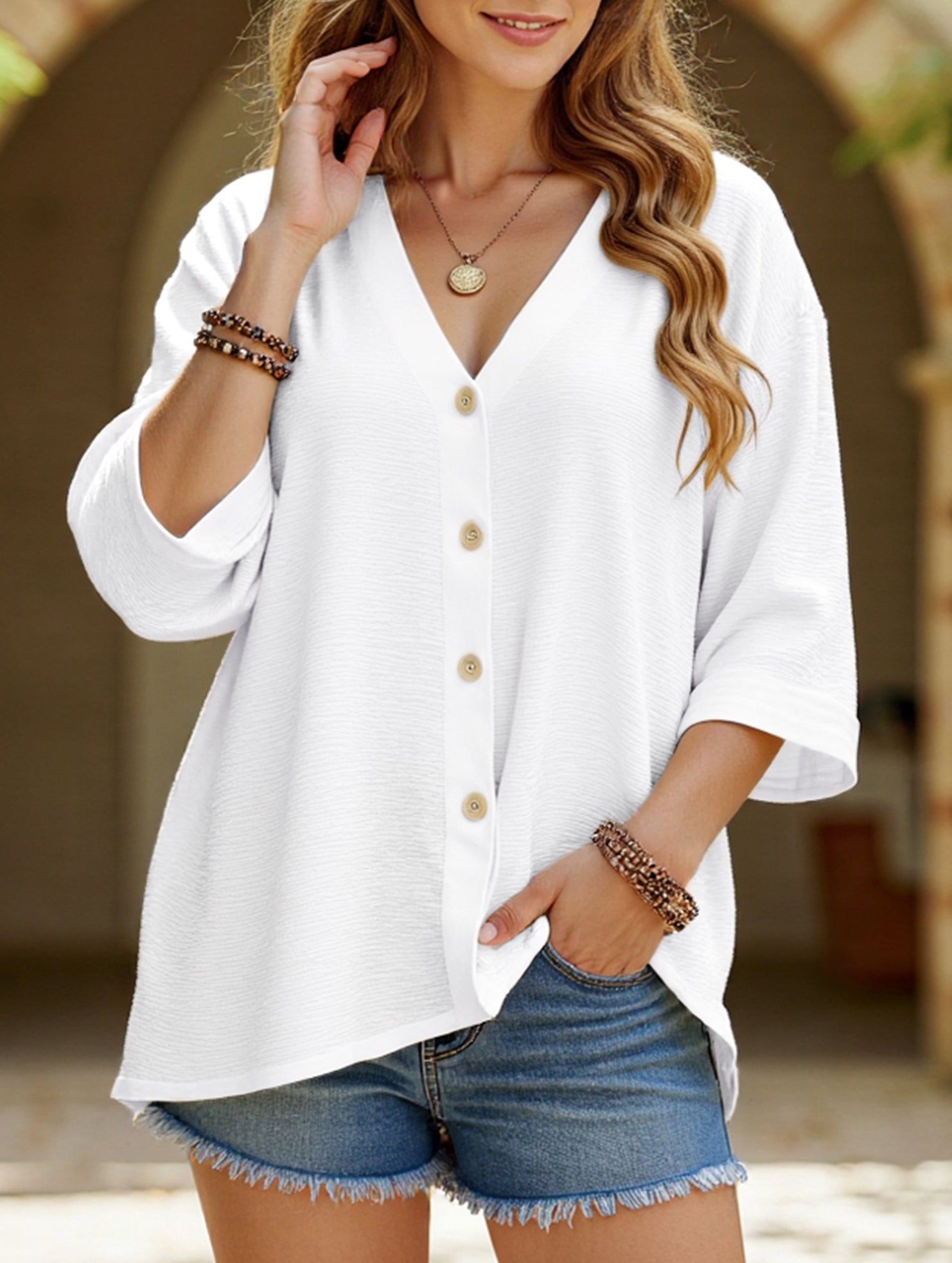 Women's Plus Size V-Neck Button Cardigan Top Sleeve Loose Casual Everyday Blouse – Multicolor