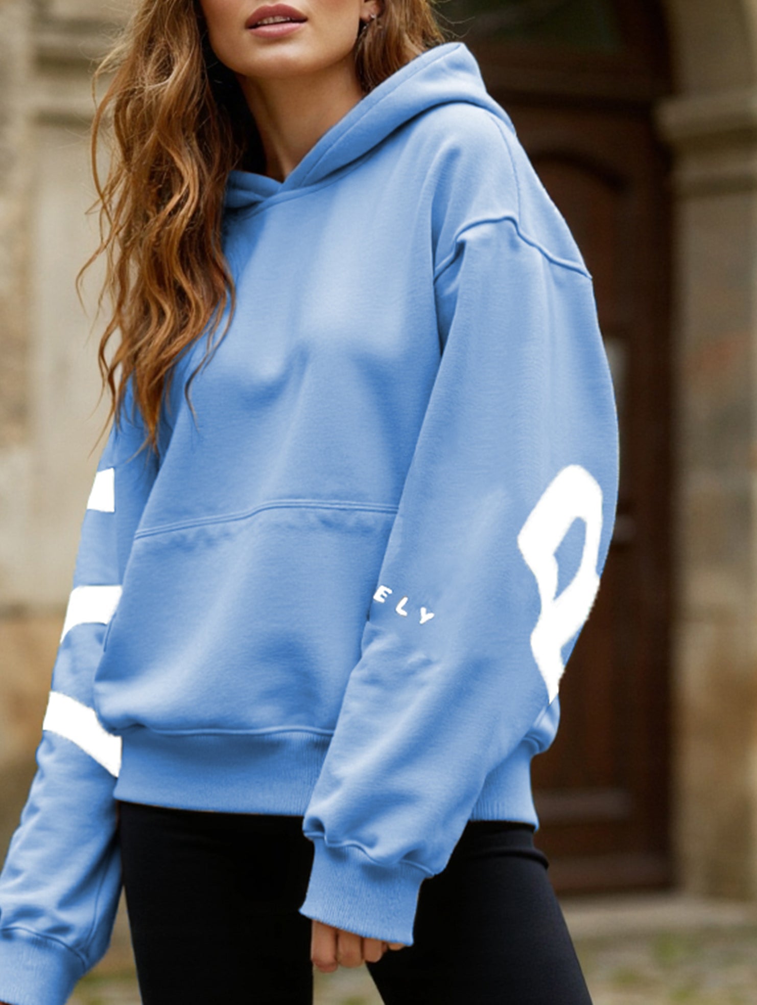 Women's Oversized Graphic Letter Hoodie Casual Streetwear Everyday Cozy Loose Fit Pullover Sweatshirt – Blue Grey