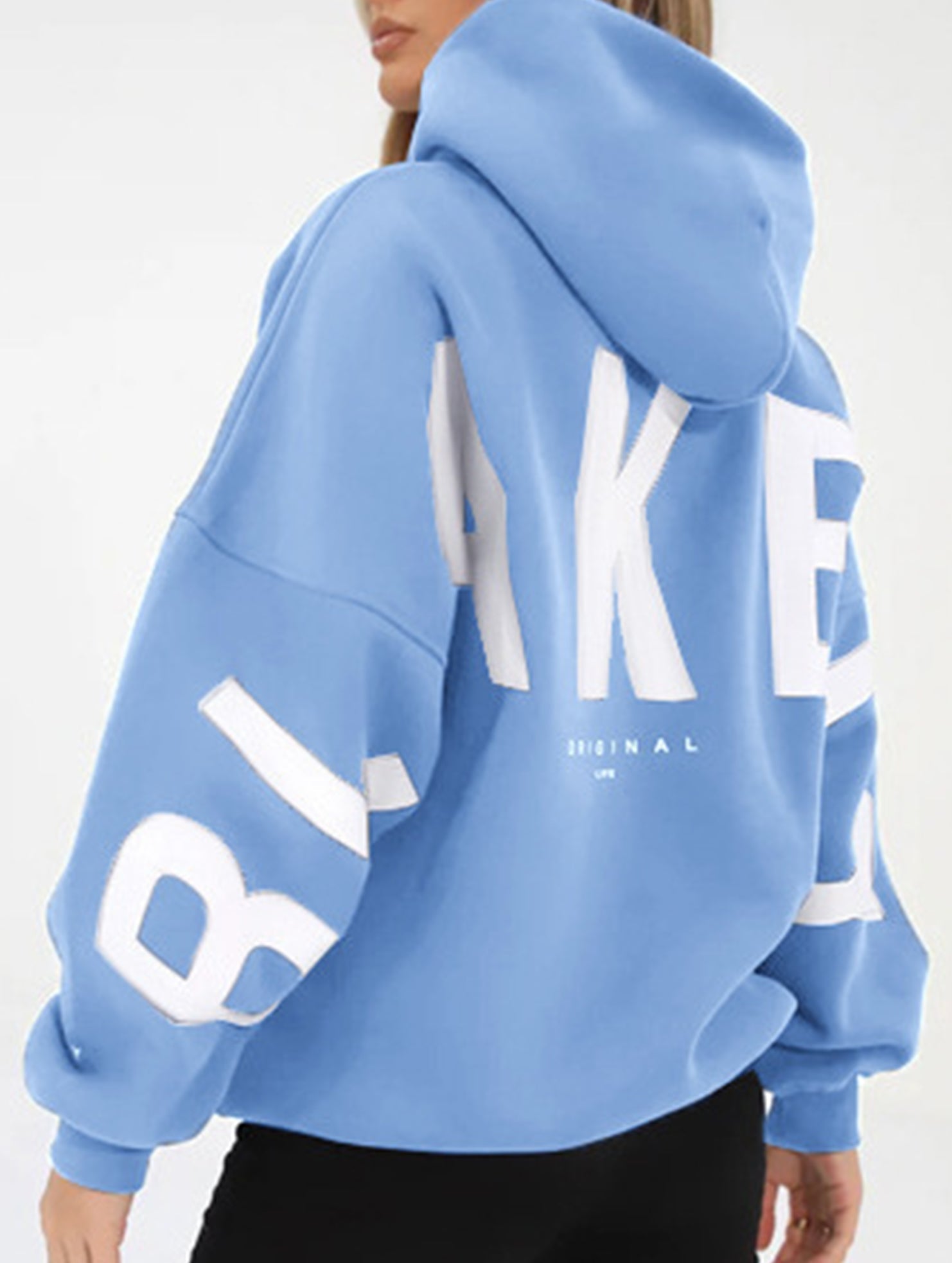 Women's Oversized Graphic Letter Hoodie Casual Streetwear Everyday Cozy Loose Fit Pullover Sweatshirt – Blue Grey