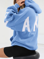Women's Oversized Graphic Letter Hoodie Casual Streetwear Everyday Cozy Loose Fit Pullover Sweatshirt – Blue Grey