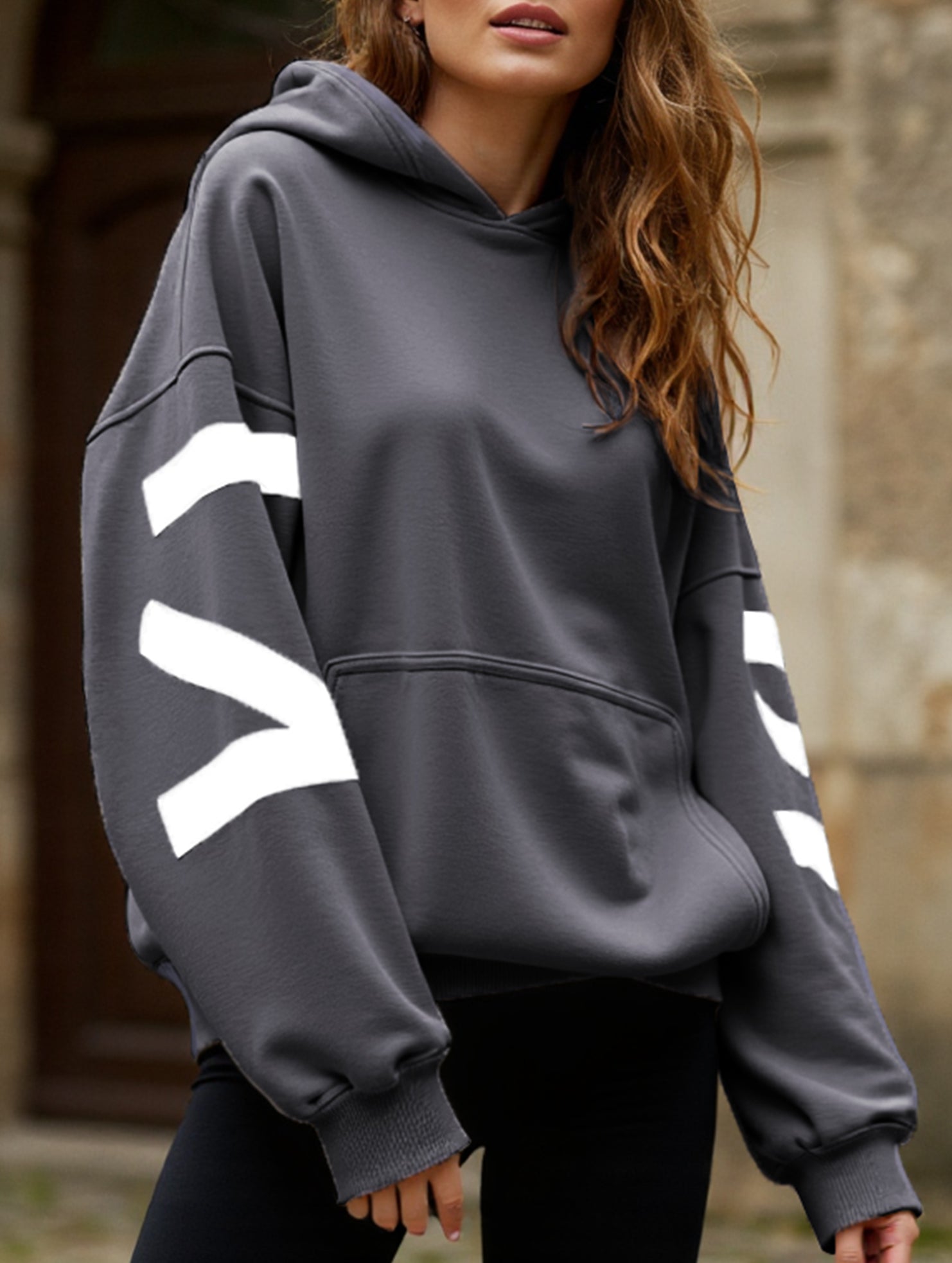 Women's Oversized Graphic Letter Hoodie Casual Streetwear Everyday Cozy Loose Fit Pullover Sweatshirt – Blue Grey