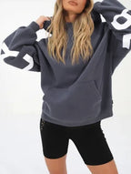 Women's Oversized Graphic Letter Hoodie Casual Streetwear Everyday Cozy Loose Fit Pullover Sweatshirt – Blue Grey