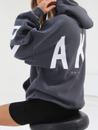 Women's Oversized Graphic Letter Hoodie Casual Streetwear Everyday Cozy Loose Fit Pullover Sweatshirt – Blue Grey