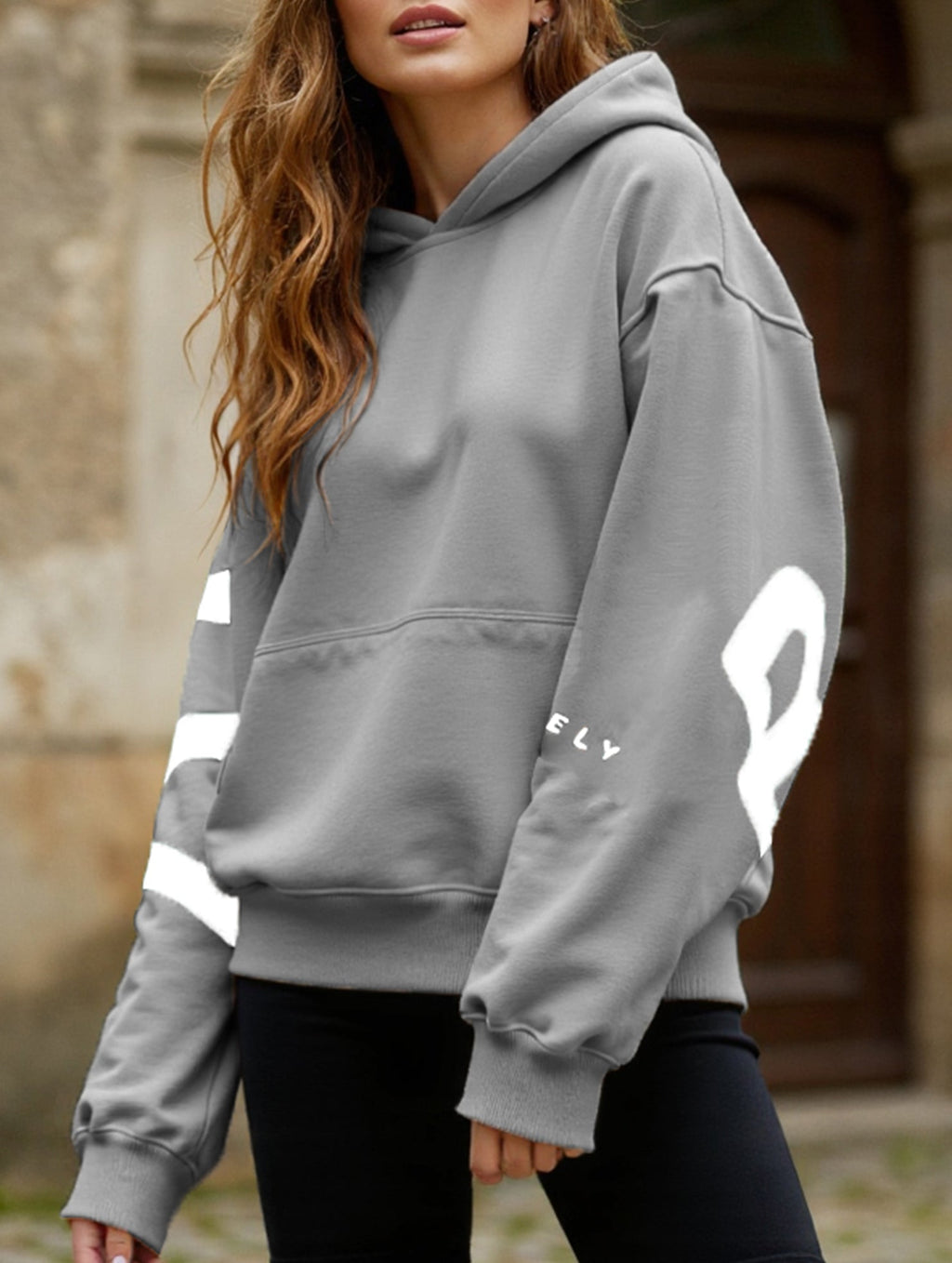 Women's Oversized Graphic Letter Hoodie Casual Streetwear Everyday Cozy Loose Fit Pullover Sweatshirt – Blue Grey