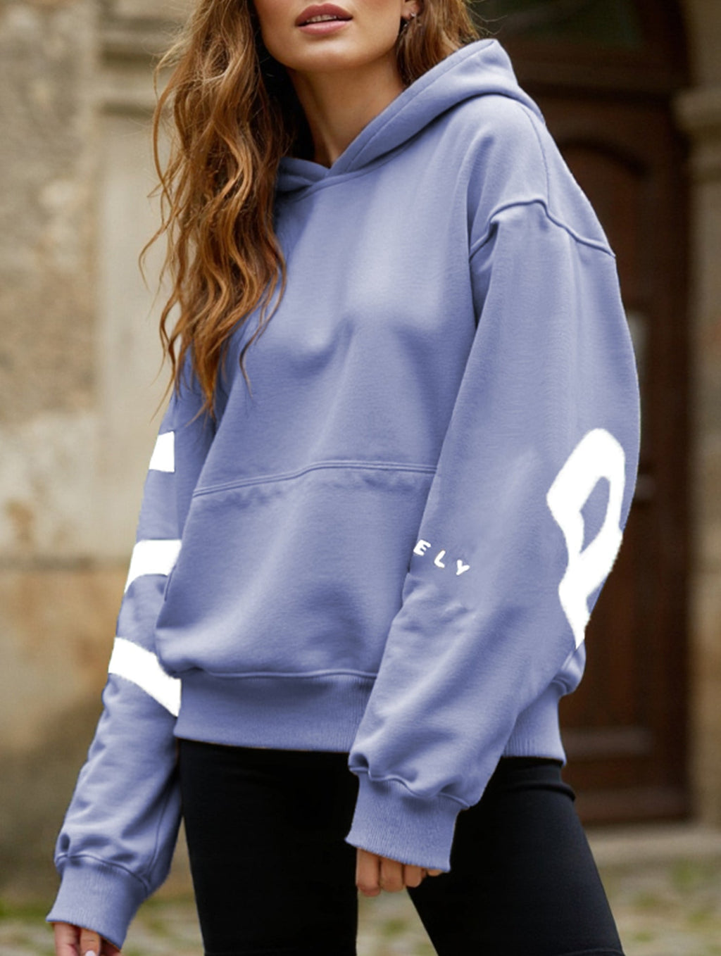 Women's Oversized Graphic Letter Hoodie Casual Streetwear Everyday Cozy Loose Fit Pullover Sweatshirt – Blue Grey
