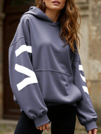 Women's Oversized Graphic Letter Hoodie Casual Streetwear Everyday Cozy Loose Fit Pullover Sweatshirt – Blue Grey