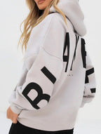 Women's Oversized Graphic Letter Hoodie Casual Streetwear Everyday Cozy Loose Fit Pullover Sweatshirt – Blue Grey