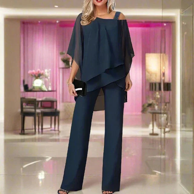 Women's Luxury Chiffon Two-Piece Set Overlay Top Wide-Leg Pants Elegant Evening Office Loose Fit