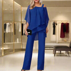 Women's Luxury Chiffon Two-Piece Set Overlay Top Wide-Leg Pants Elegant Evening Office Loose Fit