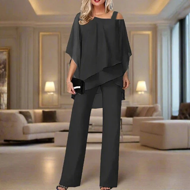 Women's Luxury Chiffon Two-Piece Set Overlay Top Wide-Leg Pants Elegant Evening Office Loose Fit