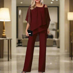 Women's Luxury Chiffon Two-Piece Set Overlay Top Wide-Leg Pants Elegant Evening Office Loose Fit