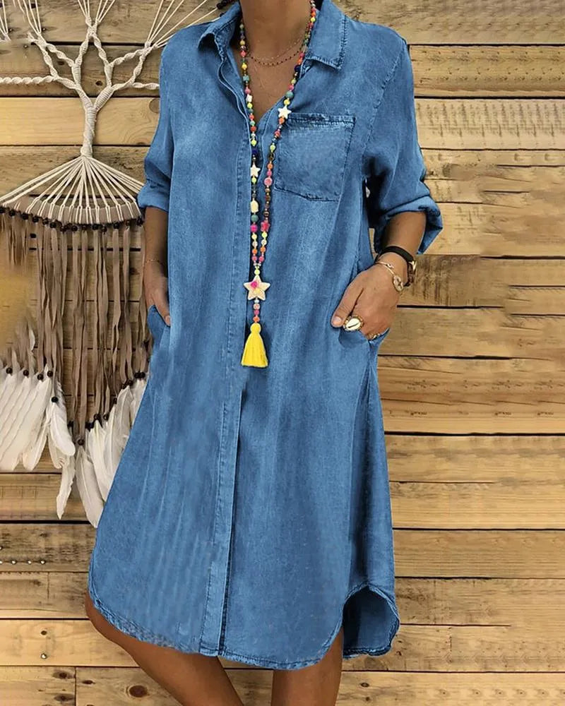 Women's Casual Denim Shirt Dress Button-Down Collar Pockets Relaxed Fit Everyday Midi Summer Style