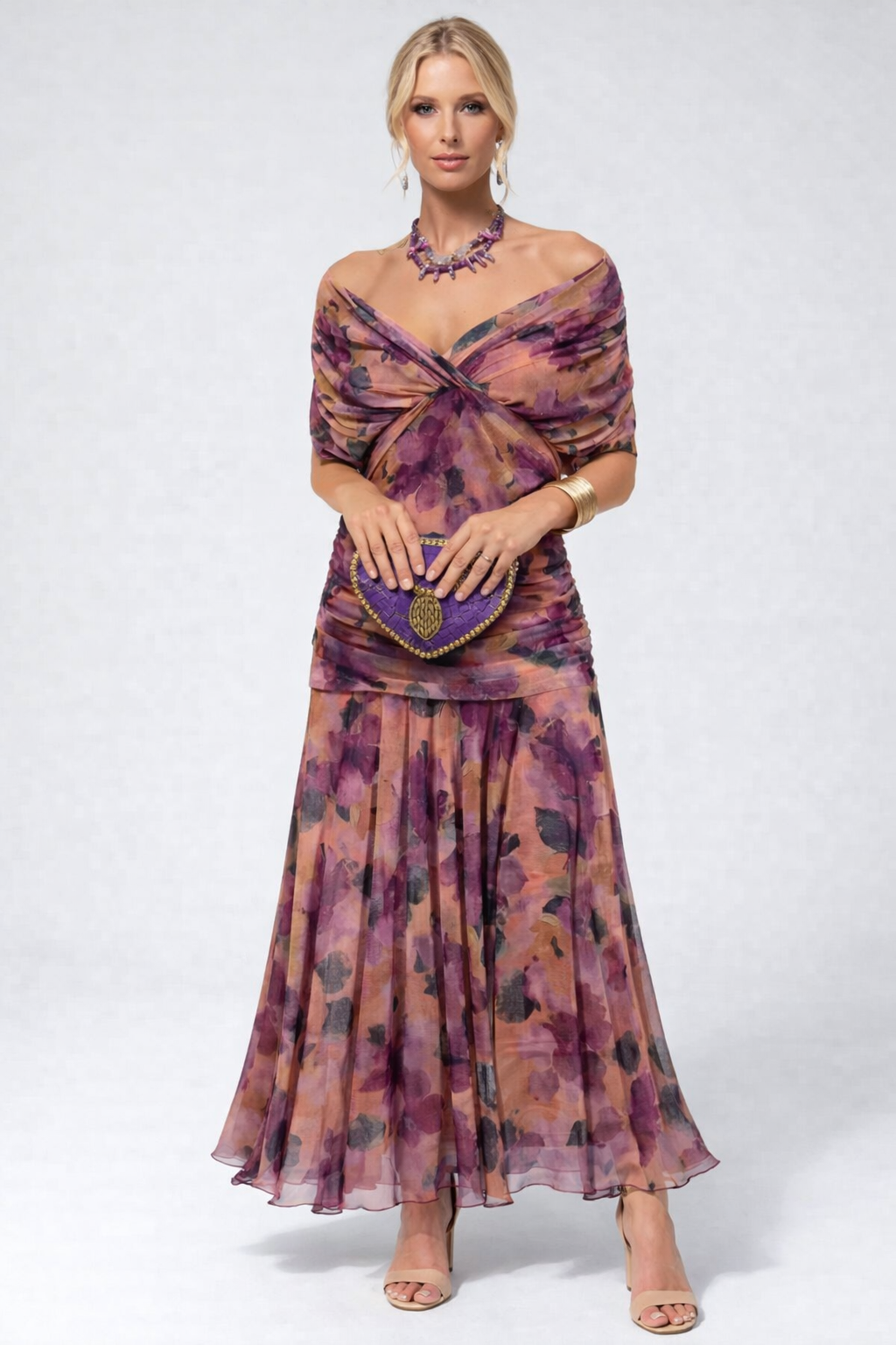 Women's Flowing Floral Long Dress Off-Shoulder V-Neck Formal Elegant Wedding Guest Casual – Lilly
