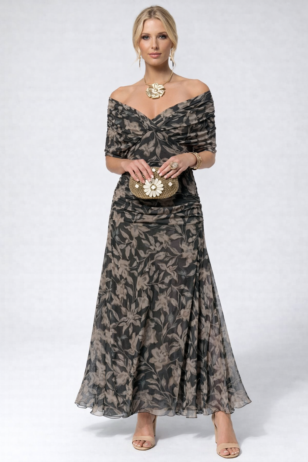 Women's Flowing Floral Long Dress Off-Shoulder V-Neck Formal Elegant Wedding Guest Casual – Lilly