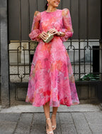 Women's Floral Midi Wedding Guest Dress Long Sheer Sleeves Fluid Romantic Elegant Formal