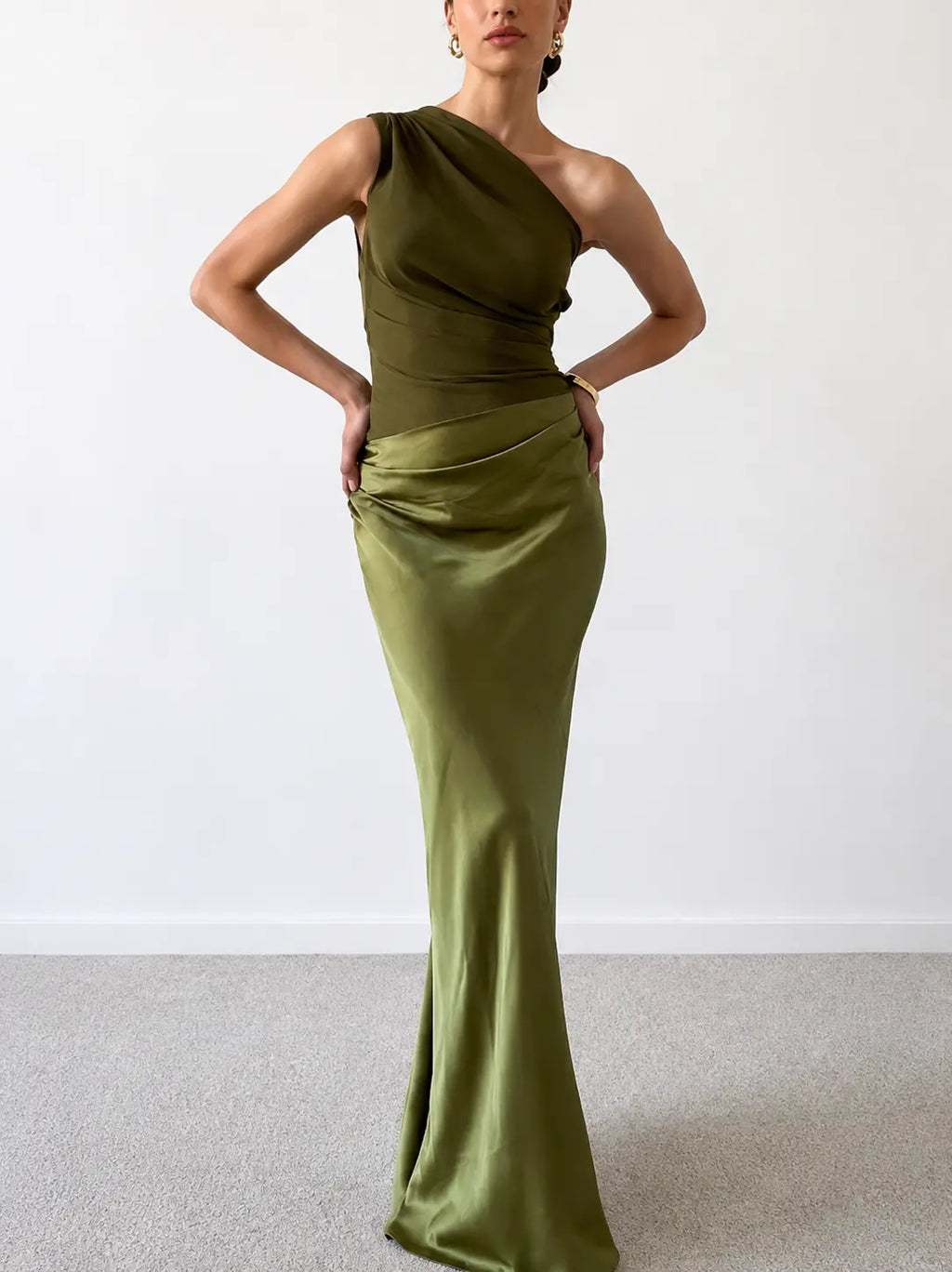 Women's One Shoulder Pleated Satin Long Dress Elegant Formal Wedding Guest Party Evening – Anita