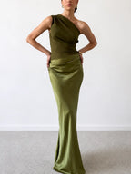 Women's One Shoulder Pleated Satin Long Dress Elegant Formal Wedding Guest Party Evening – Anita