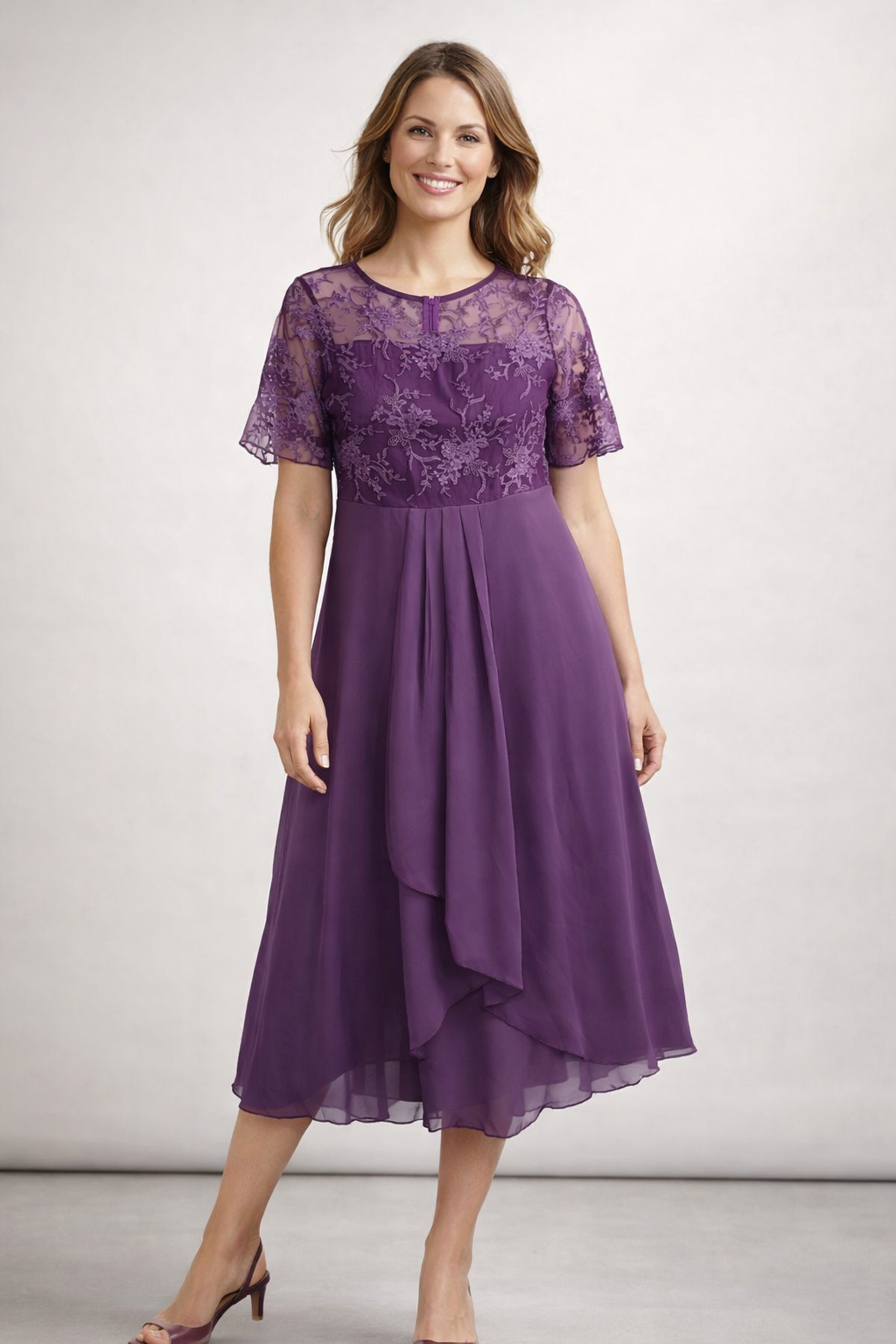 Women's Lace Chiffon Short Sleeve Midi Dress Wedding Guest Formal Elegant Flowy Plus Size
