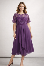 Women's Lace Chiffon Short Sleeve Midi Dress Wedding Guest Formal Elegant Flowy Plus Size