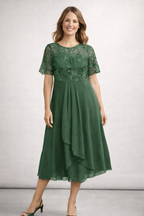 Women's Lace Chiffon Short Sleeve Midi Dress Wedding Guest Formal Elegant Flowy Plus Size