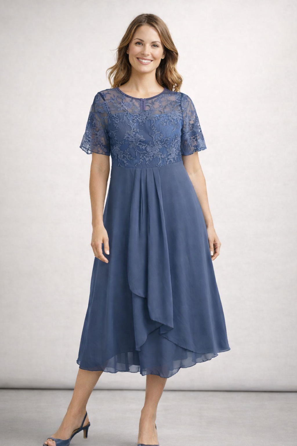 Women's Lace Chiffon Short Sleeve Midi Dress Wedding Guest Formal Elegant Flowy Plus Size
