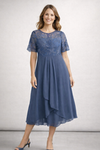 Women's Lace Chiffon Short Sleeve Midi Dress Wedding Guest Formal Elegant Flowy Plus Size