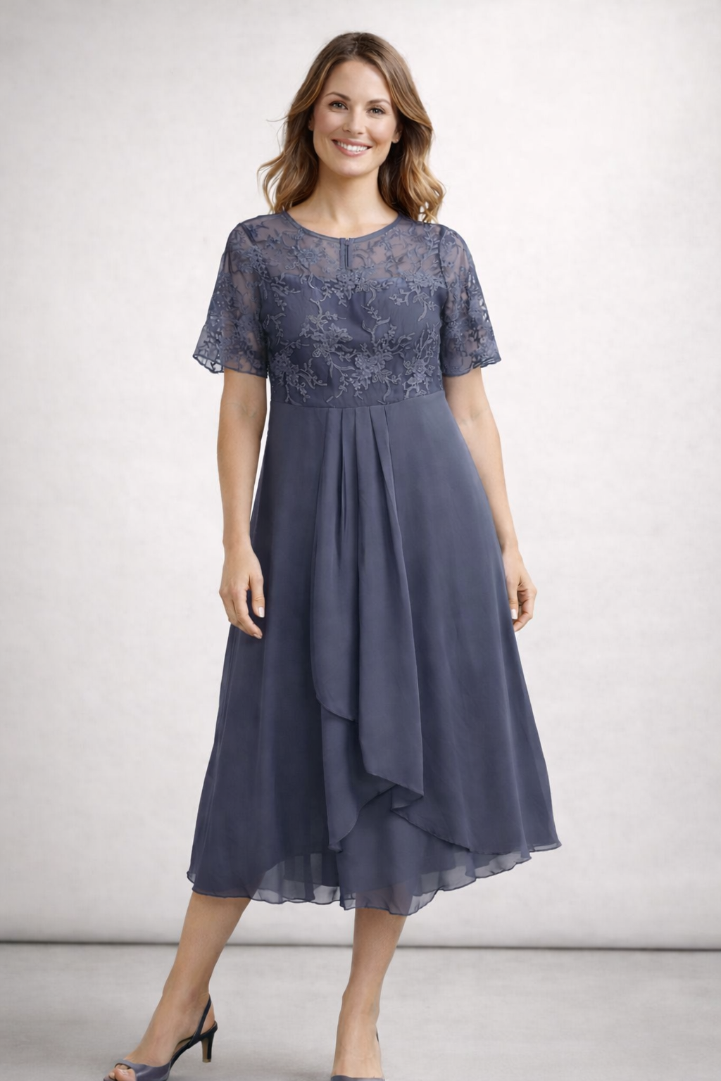 Women's Lace Chiffon Short Sleeve Midi Dress Wedding Guest Formal Elegant Flowy Plus Size
