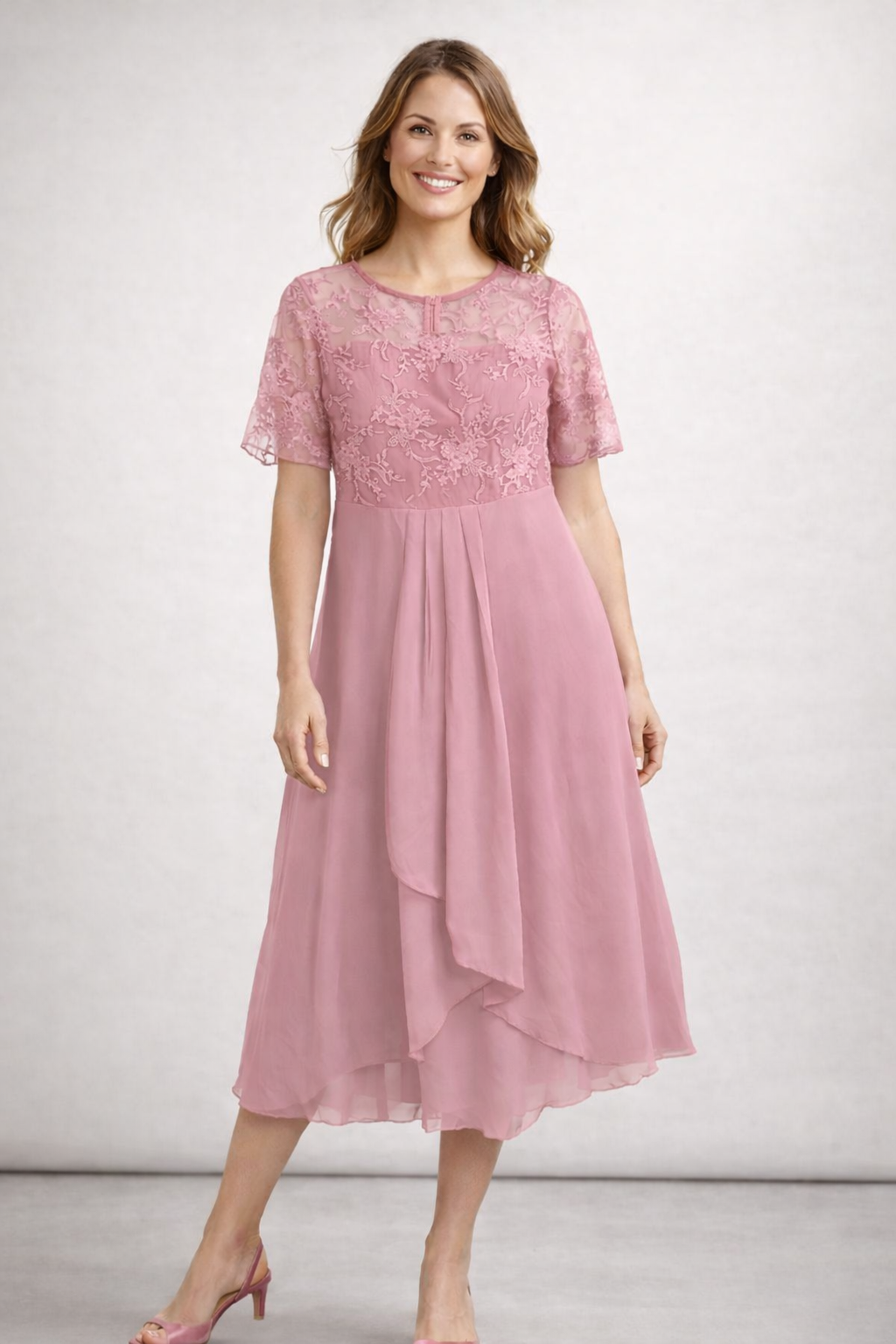 Women's Lace Chiffon Short Sleeve Midi Dress Wedding Guest Formal Elegant Flowy Plus Size