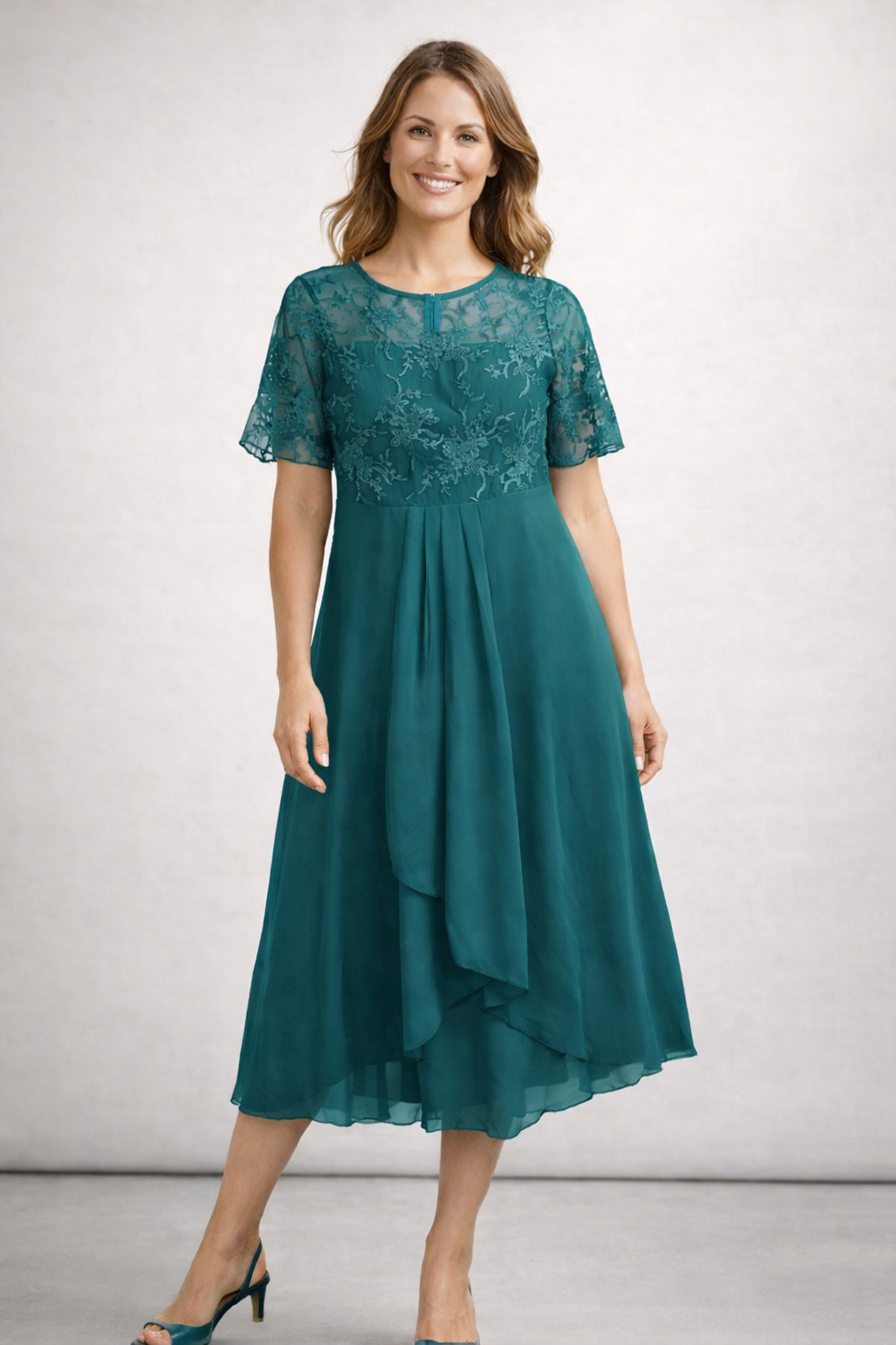 Women's Lace Chiffon Short Sleeve Midi Dress Wedding Guest Formal Elegant Flowy Plus Size