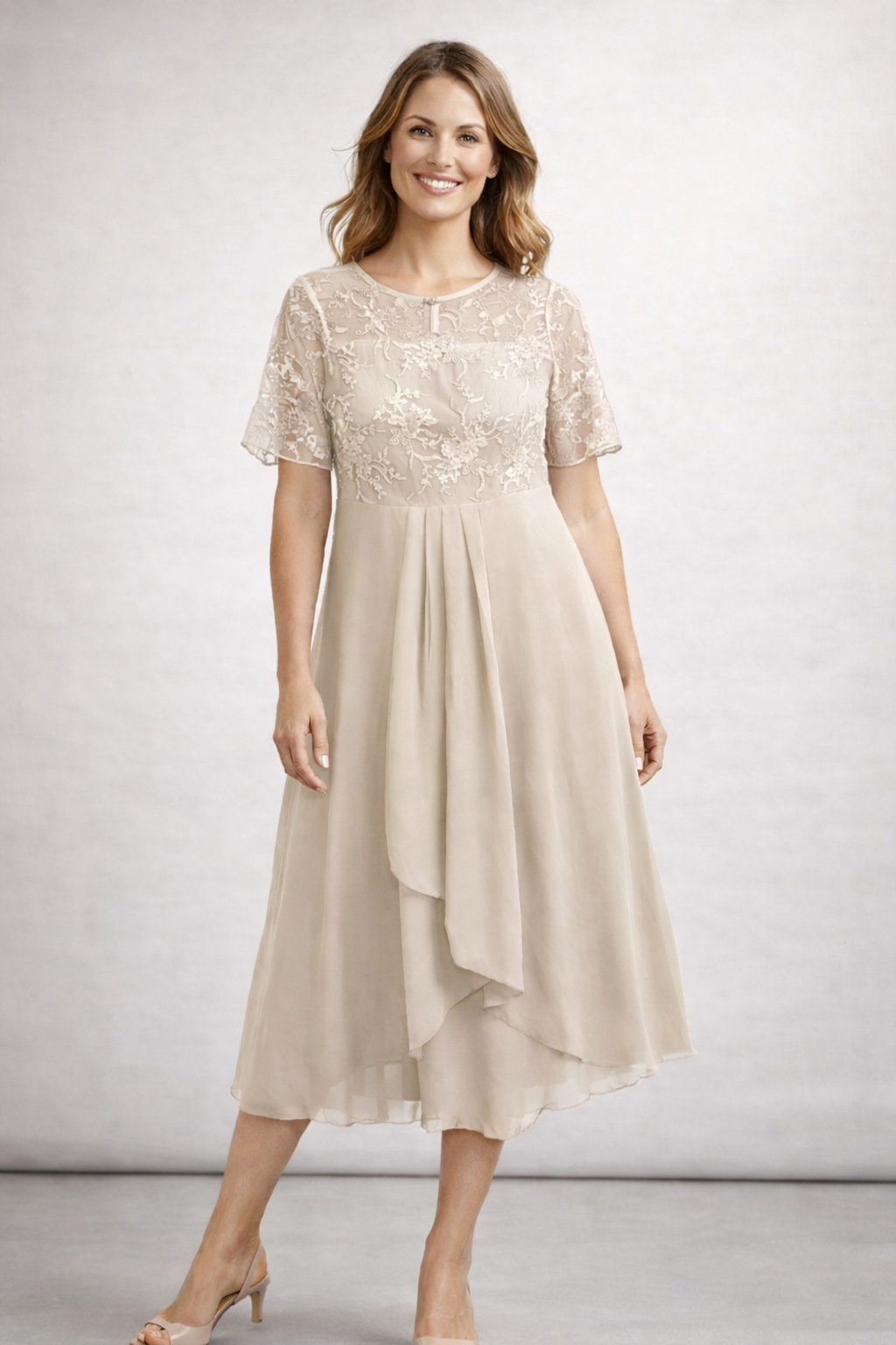 Women's Lace Chiffon Short Sleeve Midi Dress Wedding Guest Formal Elegant Flowy Plus Size