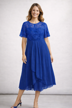 Women's Lace Chiffon Short Sleeve Midi Dress Wedding Guest Formal Elegant Flowy Plus Size