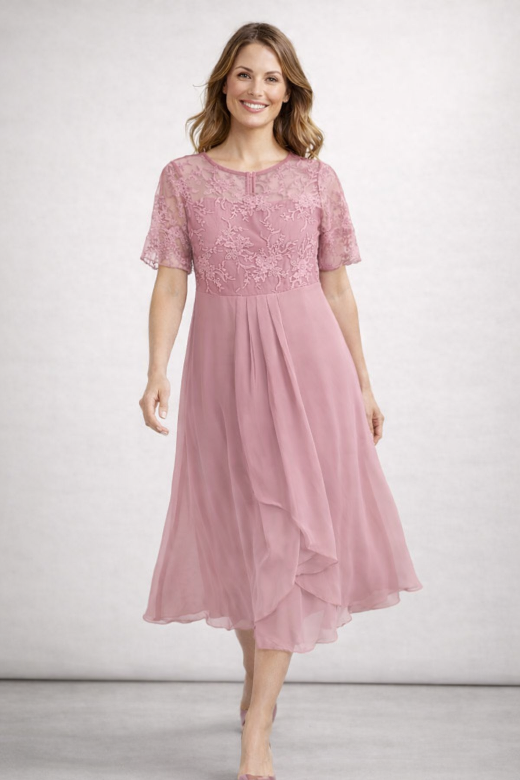Women's Lace Chiffon Short Sleeve Midi Dress Wedding Guest Formal Elegant Flowy Plus Size