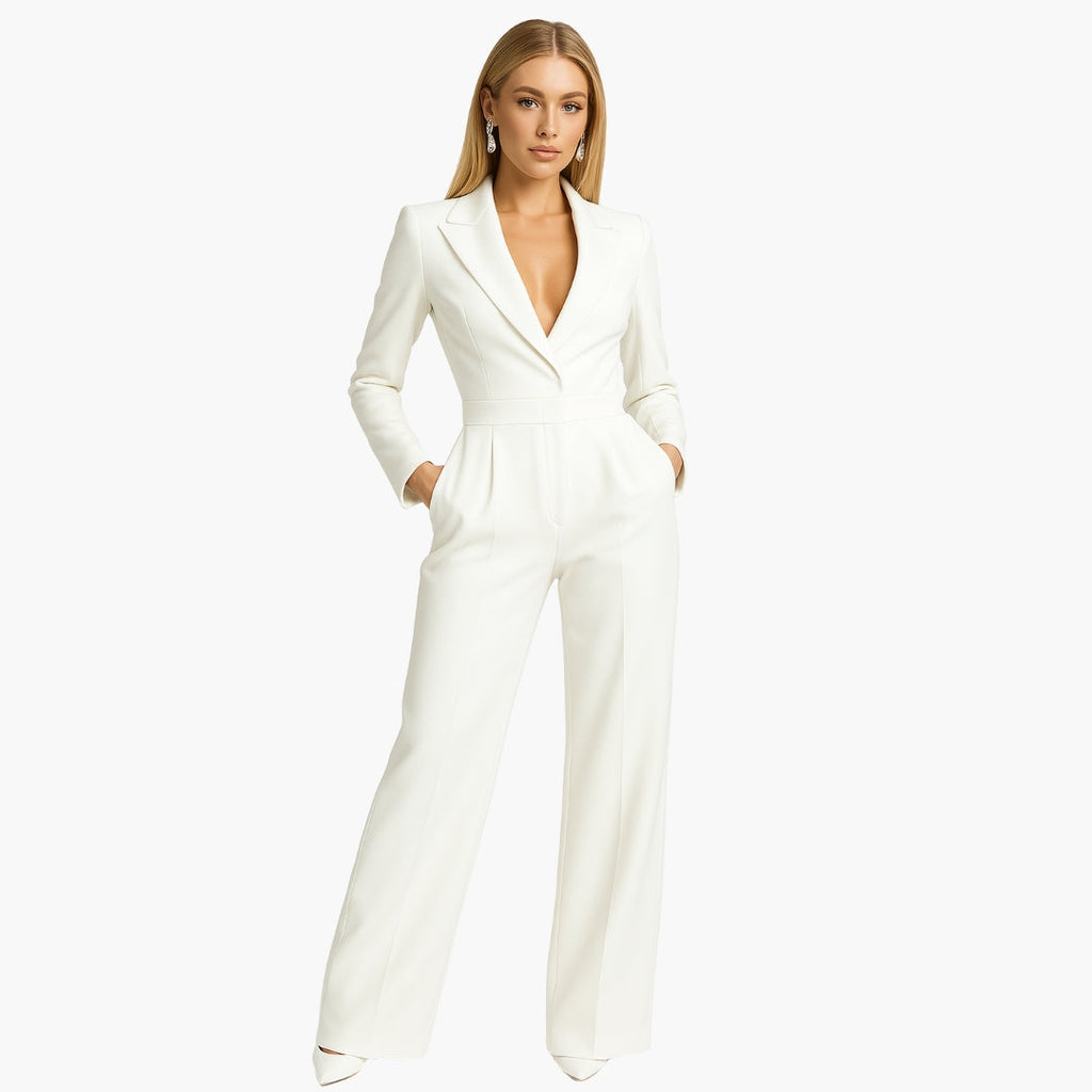 Women's Fitted Waist Jumpsuit Crossover V-Neck Wrap Front Wide-Leg Notched Lapel Formal Elegant