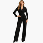 Women's Fitted Waist Jumpsuit Crossover V-Neck Wrap Front Wide-Leg Notched Lapel Formal Elegant
