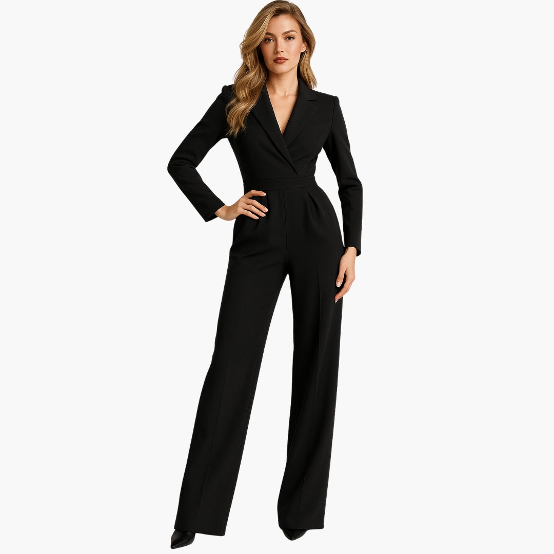 Women's Fitted Waist Jumpsuit Crossover V-Neck Wrap Front Wide-Leg Notched Lapel Formal Elegant