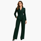 Women's Fitted Waist Jumpsuit Crossover V-Neck Wrap Front Wide-Leg Notched Lapel Formal Elegant