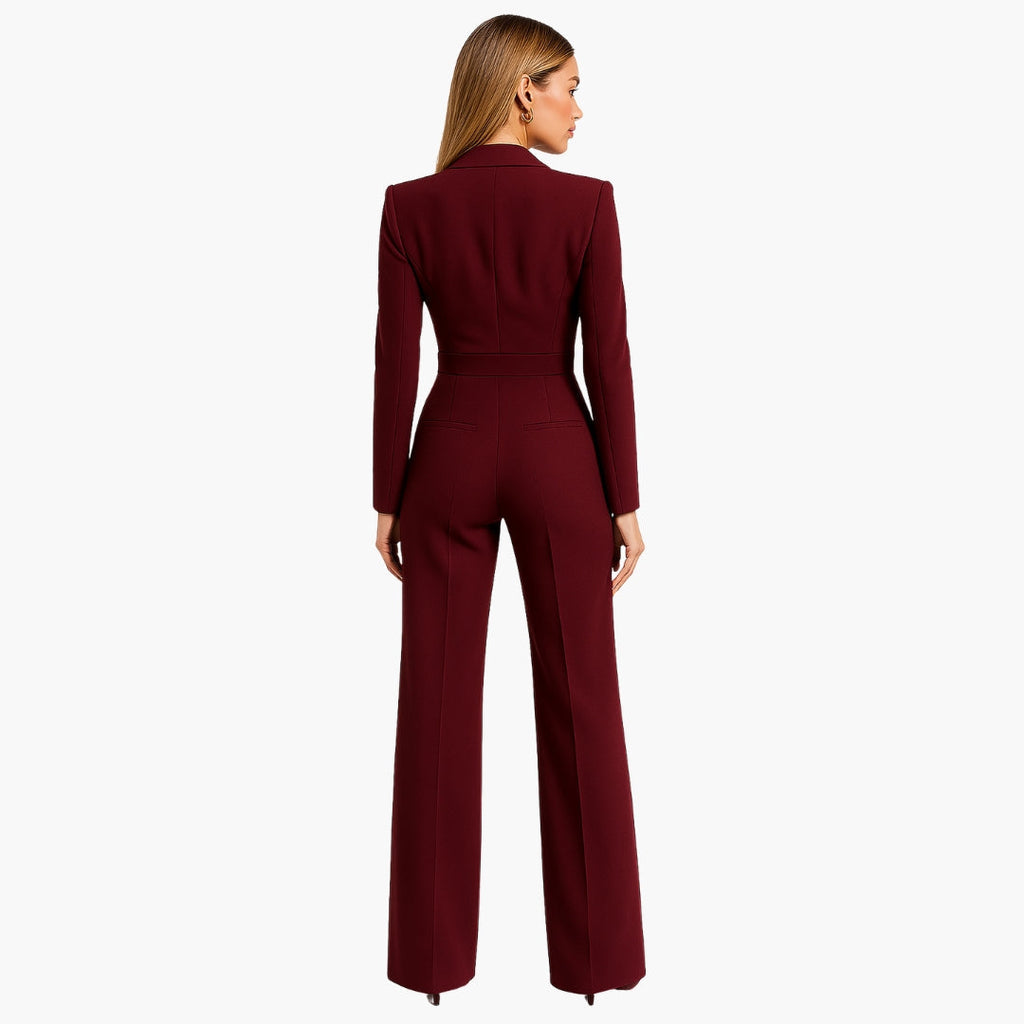 Women's Fitted Waist Jumpsuit Crossover V-Neck Wrap Front Wide-Leg Notched Lapel Formal Elegant