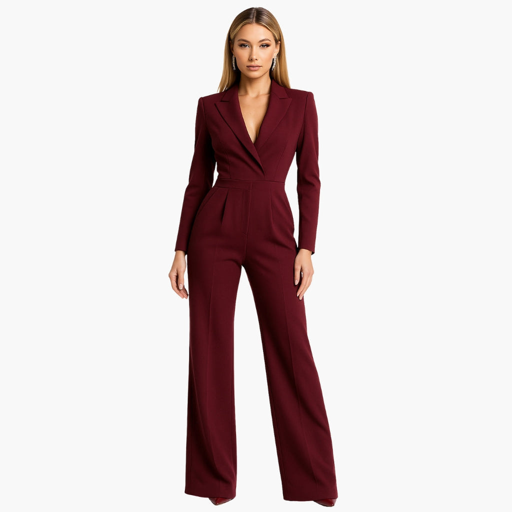 Women's Fitted Waist Jumpsuit Crossover V-Neck Wrap Front Wide-Leg Notched Lapel Formal Elegant
