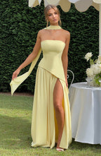 Women's Elegant Strapless Maxi Dress Fitted Slit Formal Party Wedding Guest Sophisticated – Mya